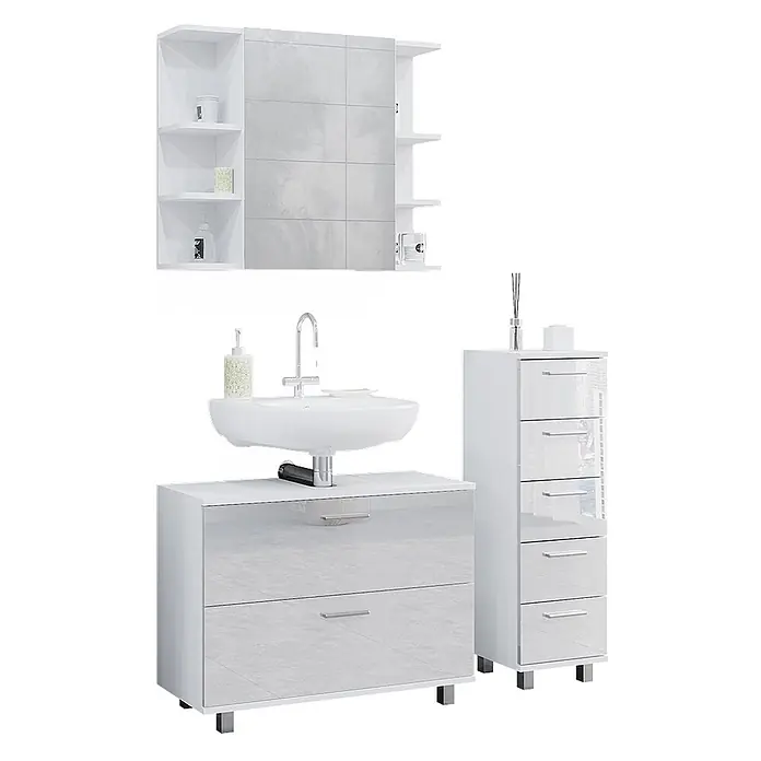 Vicco Badmöbel-Set Ilias Weiß Hochglanz 3 Teile, mit Unterschrank 80 cm - Gesamtbreite Badmöbel: 110,2 cm, Weiß Hochglanz, Glänzend - Weißes, glänzendes Badmöbel-Set: Spiegelschrank, Waschtisch mit integriertem Waschbecken und Wasserhahn, hohe Kommode.