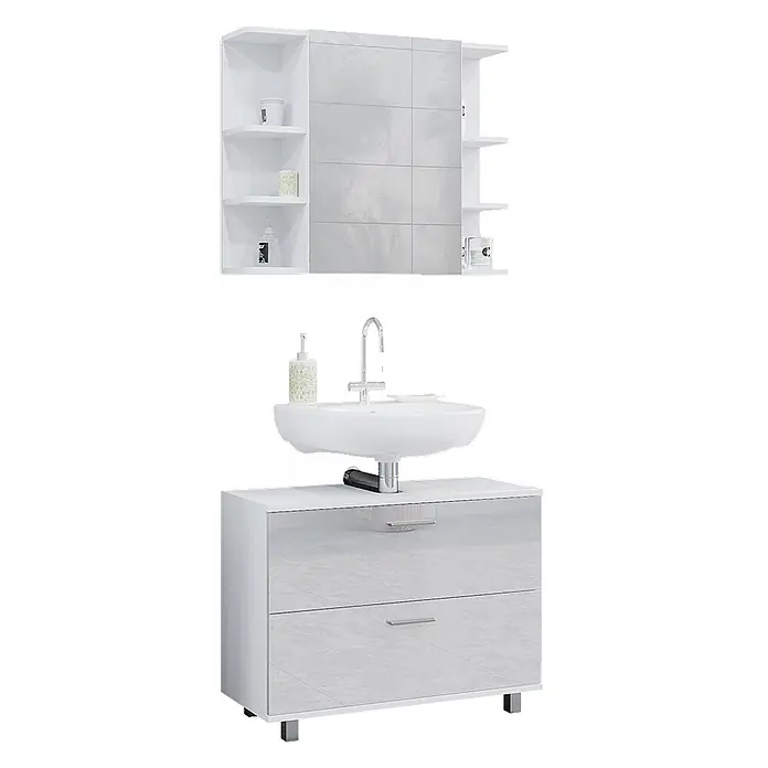 Vicco Badmöbel-Set Ilias Weiß Hochglanz 2 Teile, Unterschrank 80 cm - Gesamtbreite Badmöbel: 80,2 cm, Weiß Hochglanz, Glänzend - Weißes Badmöbel-Set mit hellgrauer Betonoptik, bestehend aus Waschbeckenunterschrank und Spiegelschrank mit offenen Regalen.