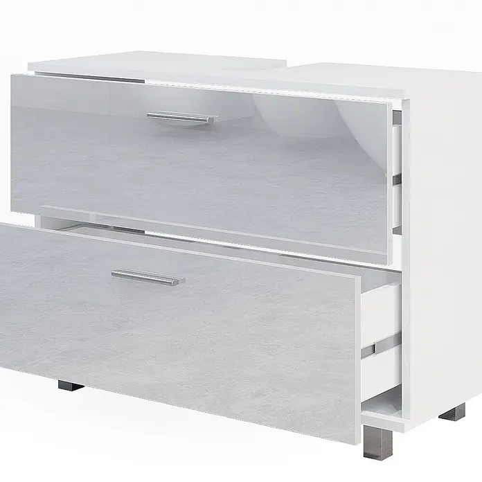 Vicco Badmöbel-Set Ilias Weiß Hochglanz 2 Teile, Unterschrank 80 cm - Gesamtbreite Badmöbel: 80,2 cm, Weiß Hochglanz, Glänzend - Weißer zweischübiger Schrank mit einer glänzenden und einer matten hellgrauen Schublade, beide teilweise geöffnet, auf silbernen Füßen.