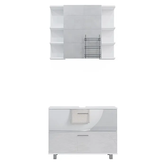 Vicco Badmöbel-Set Ilias Weiß Hochglanz 2 Teile, Unterschrank 80 cm - Gesamtbreite Badmöbel: 80,2 cm, Weiß Hochglanz, Glänzend - Modernes weißes Badset: Regal mit grauer Fliesenrückwand und Handtuchwärmer, plus Waschtischunterschrank mit grauer Schublade.