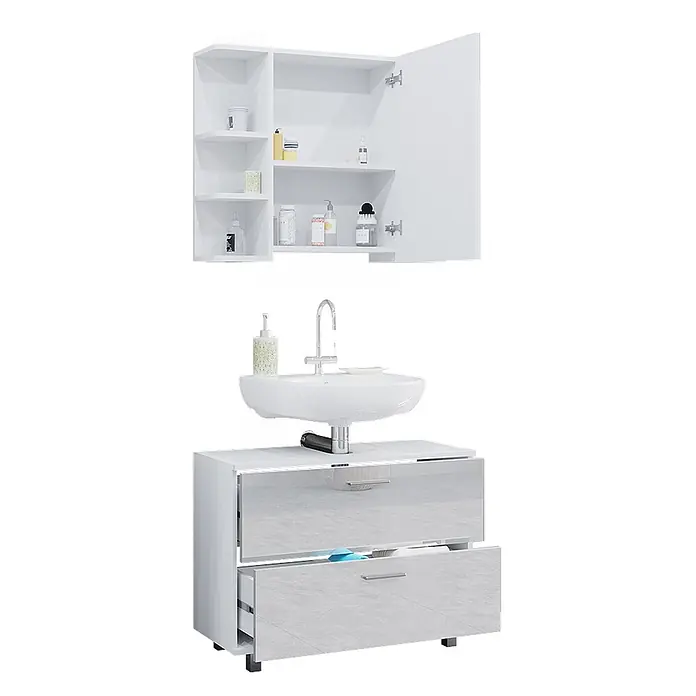 Vicco Badmöbel-Set Ilias Weiß Hochglanz 2 Teile, Unterschrank 80 cm - Gesamtbreite Badmöbel: 80,2 cm, Weiß Hochglanz, Glänzend - Weißer Wandschrank mit offenen Regalen und Tür, kombiniert mit einem weißen Waschtischunterschrank mit Keramikwaschbecken, Armatur und graufrontigen Schubladen.