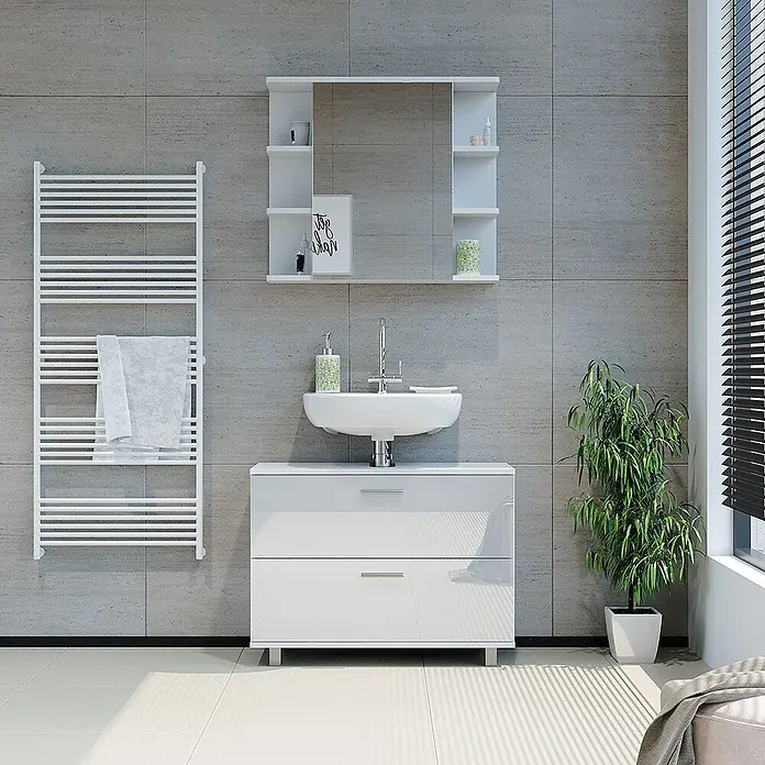 Vicco Badmöbel-Set Ilias Weiß Hochglanz 2 Teile, Unterschrank 80 cm - Gesamtbreite Badmöbel: 80,2 cm, Weiß Hochglanz, Glänzend - Modernes weißes Badezimmer mit Waschtischunterschrank, Keramikwaschbecken, Spiegelschrank und Handtuchwärmer.