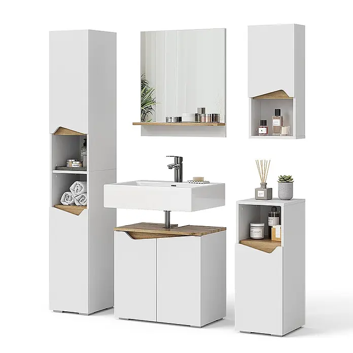 Vicco Badmöbel-Set Marelle Weiß 5 Teile - Gesamtbreite Badmöbel: 120 cm, Weiß, Matt - Weißes Badmöbel-Set mit natürlichen Holzdetails, inklusive Schränken, Waschtisch und Spiegel.