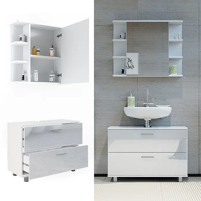 Vicco Badmöbel-Set Ilias Weiß Hochglanz 2 Teile, Unterschrank 80 cm - Gesamtbreite Badmöbel: 80,2 cm, Weiß Hochglanz, Glänzend - Weißes Hochglanz Badmöbel-Set: Wandschrank mit Spiegel, Regalen und Waschtischunterschrank mit Schubladen.
