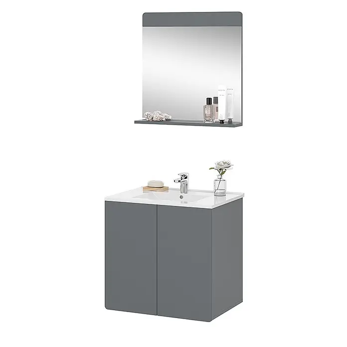 Vicco Badmöbel-Set Izan Grau 2 Teile - Gesamtbreite Badmöbel: 61,8 cm, Grau, Matt - Grauer zweitüriger Badunterschrank mit weißem Waschbecken und passendem Spiegel mit Ablage.