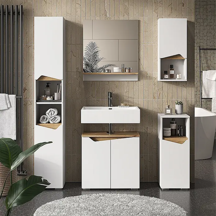 Vicco Badmöbel-Set Marelle Weiß 5 Teile - Gesamtbreite Badmöbel: 120 cm, Weiß, Matt - Modernes weißes Badmöbelset mit Holzdetails: Hochschrank, Waschtisch mit Waschbecken, Wandschrank und kleines Regal.