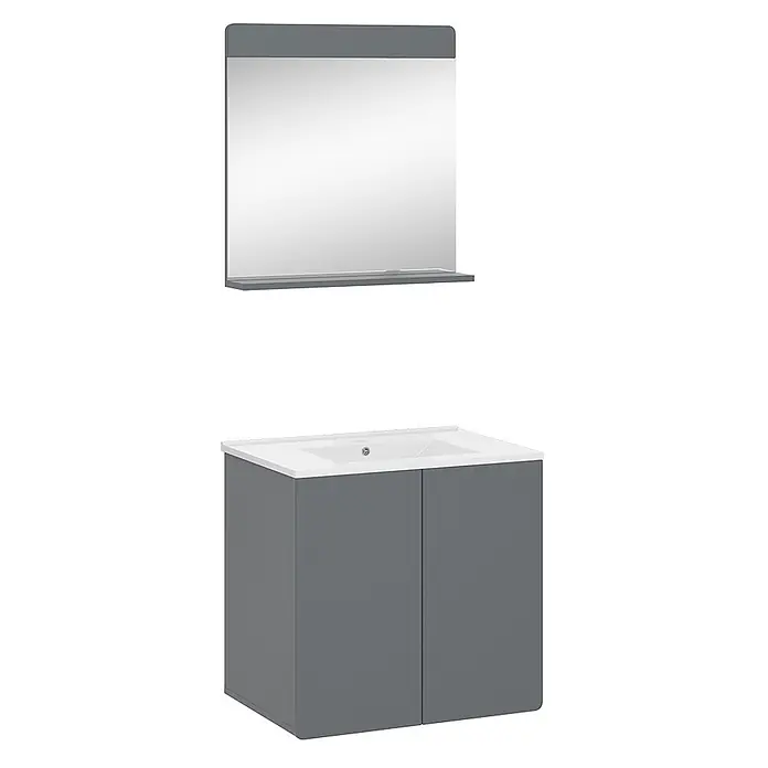 Vicco Badmöbel-Set Izan Grau 2 Teile - Gesamtbreite Badmöbel: 61,8 cm, Grau, Matt - Grauer Badunterschrank mit integriertem weißen Keramikwaschbecken und passendem Wandspiegel mit Ablage.