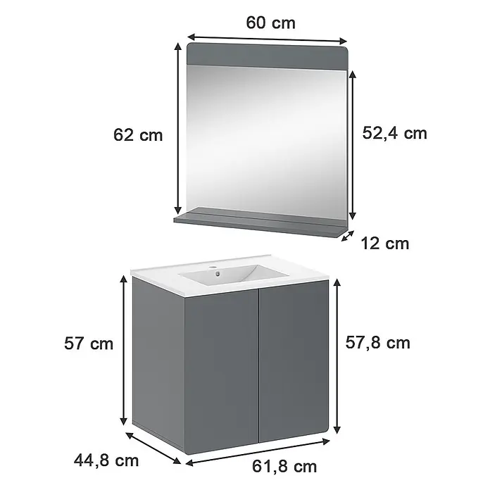 Vicco Badmöbel-Set Izan Grau 2 Teile - Gesamtbreite Badmöbel: 61,8 cm, Grau, Matt - Grauer Badunterschrank mit Waschbecken und passendem Wandspiegel mit Ablage.