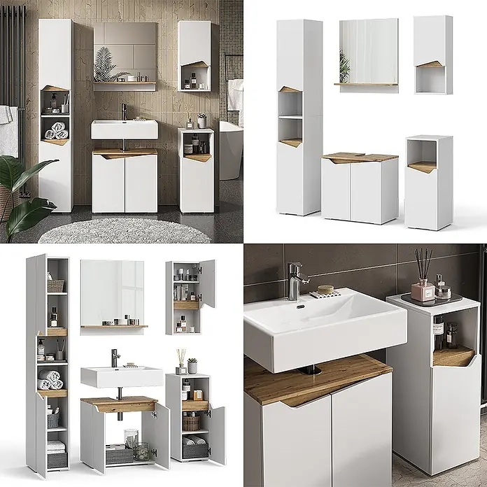 Vicco Badmöbel-Set Marelle Weiß 5 Teile - Gesamtbreite Badmöbel: 120 cm, Weiß, Matt - Modernes weißes Badmöbelset mit Akzenten aus Naturholz, bestehend aus Waschtisch, Hochschrank und kleineren Schränken.