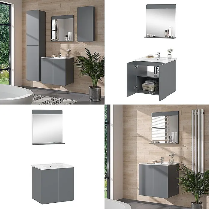 Vicco Badmöbel-Set Izan Grau 2 Teile - Gesamtbreite Badmöbel: 61,8 cm, Grau, Matt - Graue Badmöbel-Garnitur: Waschbeckenunterschrank, Spiegel und Hochschrank, präsentiert in einem modernen Badezimmer.