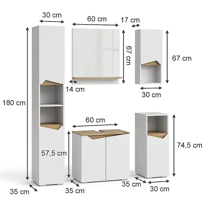 Vicco Badmöbel-Set Marelle Weiß 5 Teile - Gesamtbreite Badmöbel: 120 cm, Weiß, Matt - Modernes weiß-holzfarbenes Badezimmermöbel-Set mit Schränken und Spiegel, inklusive Maßen.