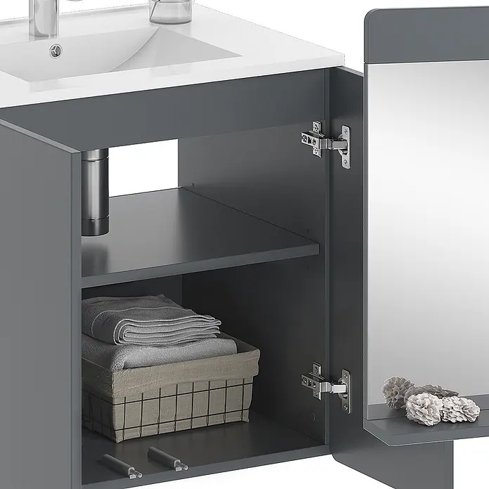 Vicco Badmöbel-Set Izan Grau 2 Teile - Gesamtbreite Badmöbel: 61,8 cm, Grau, Matt - Dunkelgrauer Waschtisch mit weißem Waschbecken, offene Tür zeigt Regal, Handtücher und Spiegeltür.