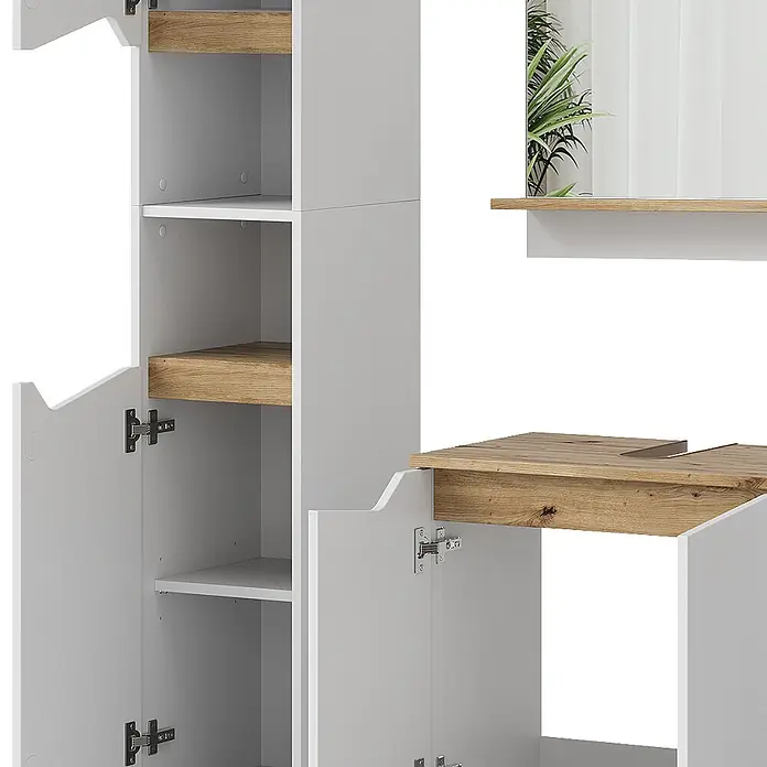 Vicco Badmöbel-Set Marelle Weiß 5 Teile - Gesamtbreite Badmöbel: 120 cm, Weiß, Matt - Weißer und hellholzfarbener Badwaschtischunterschrank mit offenen Regalen, Schranktüren, Spiegel und Holzplatte mit Waschtischausschnitt.