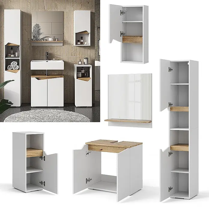 Vicco Badmöbel-Set Marelle Weiß 5 Teile - Gesamtbreite Badmöbel: 120 cm, Weiß, Matt - Weißes Badmöbelset mit Holzdetails: Waschtischunterschrank, Schrankschränke und Spiegel mit Ablage.