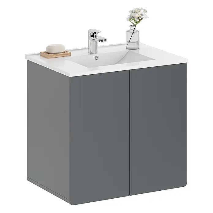 Vicco Badmöbel-Set Izan Grau - Gesamtbreite Badmöbel: 61,8 cm, Grau, Matt - Grauer Badschrank mit integriertem weißen Waschbecken, Chromarmatur und zwei Schranktüren.