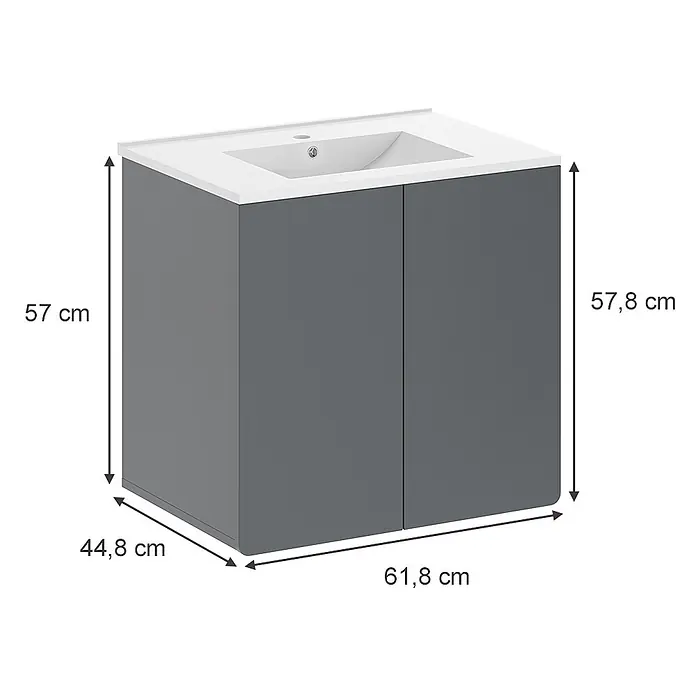Vicco Badmöbel-Set Izan Grau - Gesamtbreite Badmöbel: 61,8 cm, Grau, Matt - Grauer Badunterschrank mit integriertem weißen Waschbecken und zwei Schranktüren.