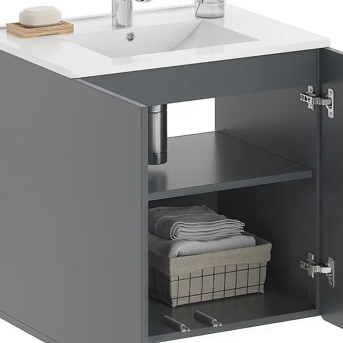 Vicco Badmöbel-Set Izan Grau - Gesamtbreite Badmöbel: 61,8 cm, Grau, Matt - Grauer Badunterschrank mit weißem integriertem Waschbecken, eine Tür offen mit Regal und Handtüchern.