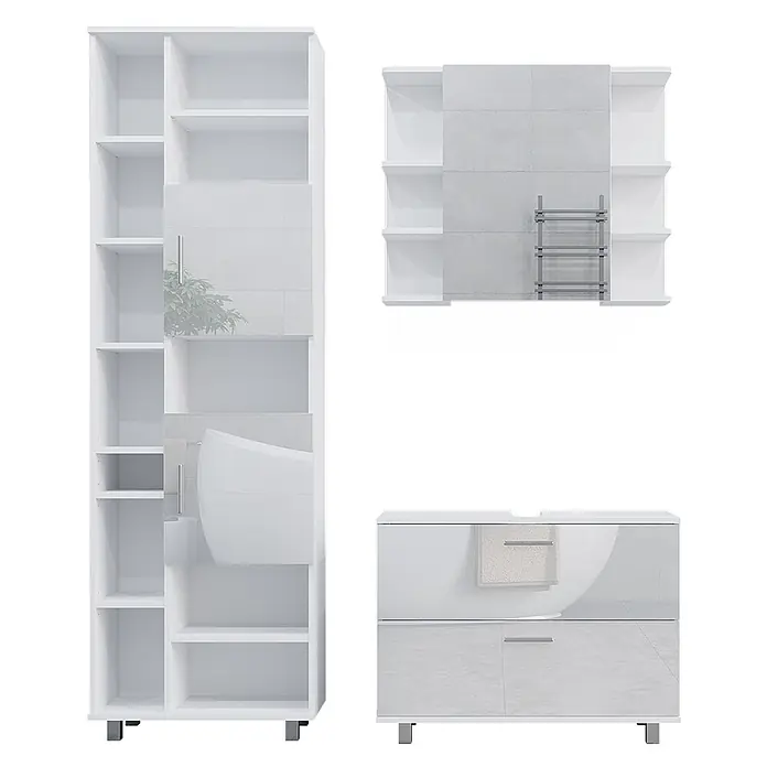 Vicco Badmöbel-Set Ilias Weiß Hochglanz 3 Teile, mit Hochschrank - Gesamtbreite Badmöbel: 140,2 cm, Weiß Hochglanz, Glänzend - Weißes, glänzendes Badmöbel-Set mit Regalen und Waschtischunterschrank, teilweise mit grauer Textur.