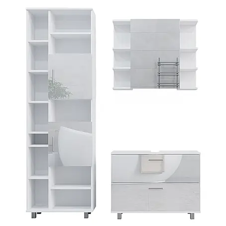 Vicco  Badmöbel-Set Ilias Weiß Hochglanz 3 Teile, mit Hochschrank