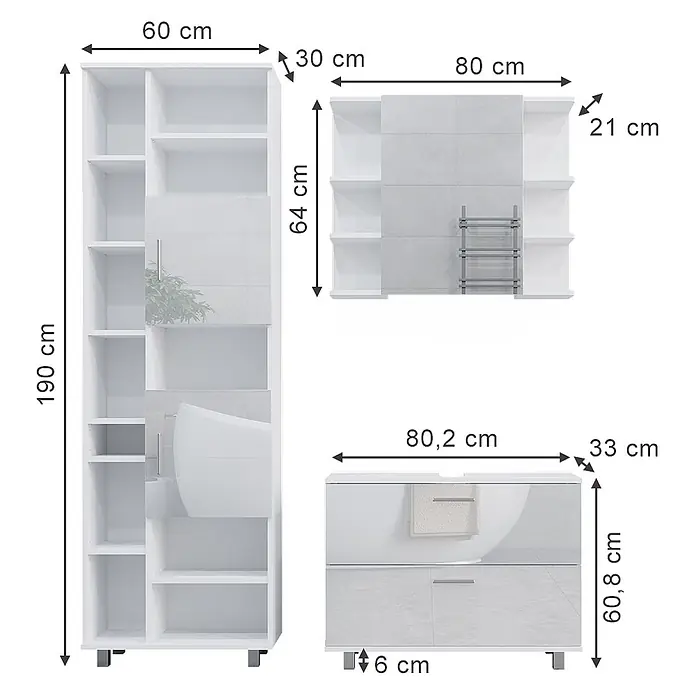 Vicco Badmöbel-Set Ilias Weiß Hochglanz 3 Teile, mit Hochschrank - Gesamtbreite Badmöbel: 140,2 cm, Weiß Hochglanz, Glänzend - Weiß-graue Badmöbelgarnitur: Hochschrank (190x60x30 cm), Wandschrank (64x80x21 cm) und Waschtischunterschrank (60,8x80,2x33 cm).