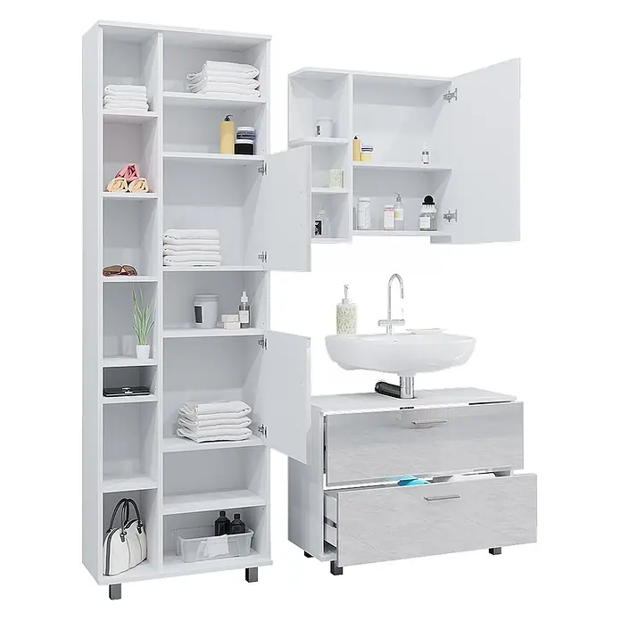 Vicco Badmöbel-Set Ilias Weiß Hochglanz 3 Teile, mit Hochschrank - Gesamtbreite Badmöbel: 140,2 cm, Weiß Hochglanz, Glänzend - Weißes Badezimmermöbel-Set: Hochschrank, Wandschrank und Waschtischunterschrank mit Waschbecken und zweifarbigen Schubladen, beide offen.