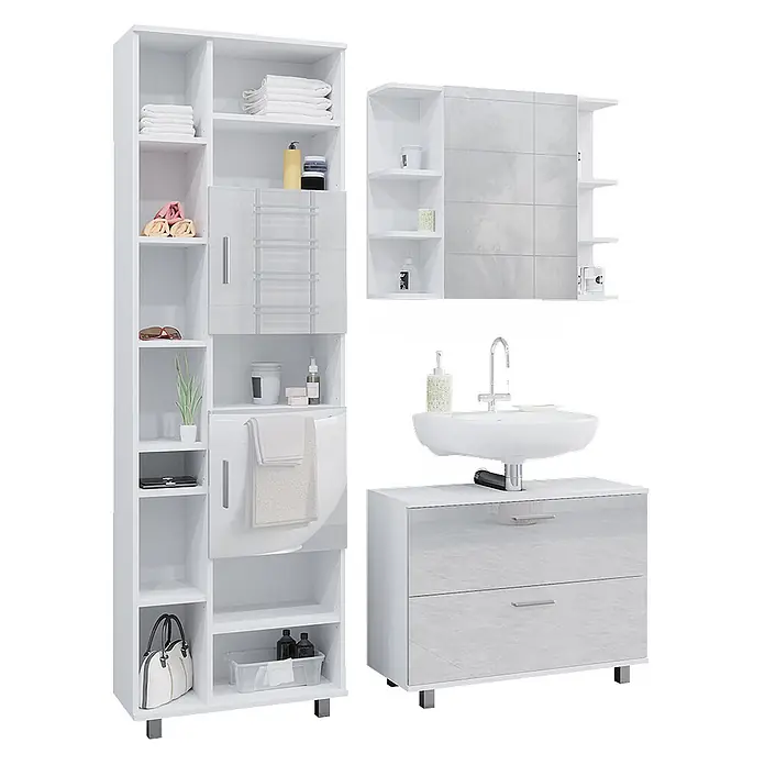 Vicco Badmöbel-Set Ilias Weiß Hochglanz 3 Teile, mit Hochschrank - Gesamtbreite Badmöbel: 140,2 cm, Weiß Hochglanz, Glänzend - Modernes weißes Hochglanz-Badmöbelset: Hochschrank, Spiegelschrank und Waschtischunterschrank mit Waschbecken.