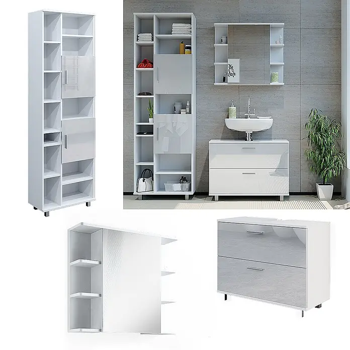 Vicco Badmöbel-Set Ilias Weiß Hochglanz 3 Teile, mit Hochschrank - Gesamtbreite Badmöbel: 140,2 cm, Weiß Hochglanz, Glänzend - Modernes weißes Badmöbel-Set mit Hochschrank, Waschtischunterschrank und Spiegelschrank in einem grau gefliesten Bad.