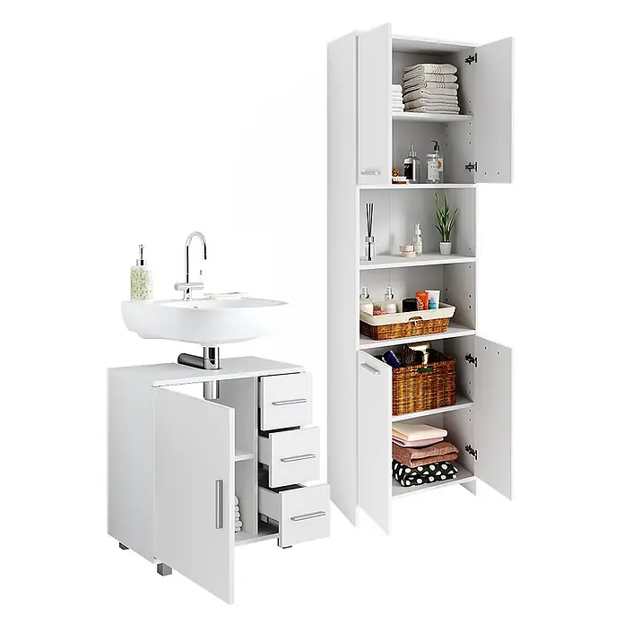 Vicco Badmöbel-Set Maris Weiß 2 Teile, mit Hochschrank und Waschbeckenunterschrank - Gesamtbreite Badmöbel: 116,1 cm, Weiß, Matt - Weißer Badezimmerschrank mit Waschbecken, Armatur, Tür und Schubladen, daneben ein hoher passender Aufbewahrungsschrank.
