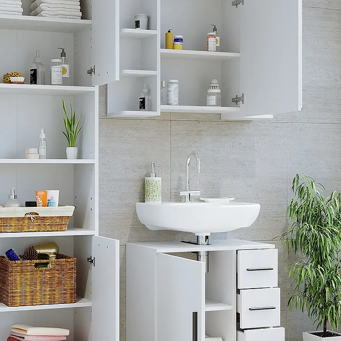 Vicco Badmöbel-Set Maris Weiß 2 Teile, mit Hochschrank und Waschbeckenunterschrank - Gesamtbreite Badmöbel: 116,1 cm, Weiß, Matt - Weißes modulares Badezimmer-Aufbewahrungssystem mit Wandschränken, offenen Regalen und Waschtischunterschrank.