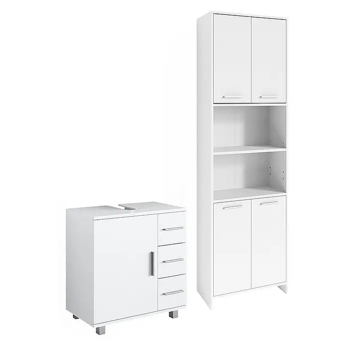 Vicco Badmöbel-Set Maris Weiß 2 Teile, mit Hochschrank und Waschbeckenunterschrank - Gesamtbreite Badmöbel: 116,1 cm, Weiß, Matt - Zwei weiße Badezimmer-Aufbewahrungsschränke: ein Waschtischunterschrank mit Tür und Schubladen sowie ein Hochschrank mit Türen und Regalen.