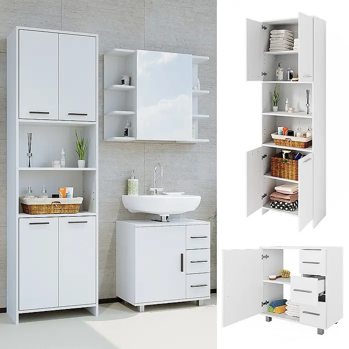 Vicco Badmöbel-Set Maris Weiß 2 Teile, mit Hochschrank und Waschbeckenunterschrank - Gesamtbreite Badmöbel: 116,1 cm, Weiß, Matt - Weißes Badezimmermöbelset mit Hochschrank, Spiegelschrank und Waschtischunterschrank für viel Stauraum.
