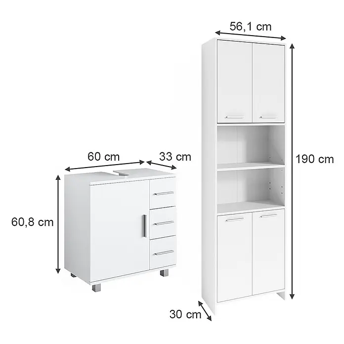 Vicco Badmöbel-Set Maris Weiß 2 Teile, mit Hochschrank und Waschbeckenunterschrank - Gesamtbreite Badmöbel: 116,1 cm, Weiß, Matt - Zwei weiße Badschränke: ein Waschtischunterschrank mit Schubladen/Tür und ein Hochschrank mit Regalen/Türen. Maße sichtbar.