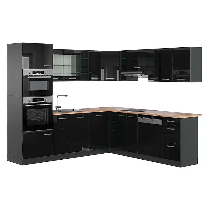 Vicco Eckküche R-Line Schwarz Hochglanz/Anthrazit, AP Eiche - Schwarz Hochglanz, Ohne Elektrogeräte - Schwarz glänzende L-förmige Küche mit integrierten Geräten und Holzarbeitsplatte.
