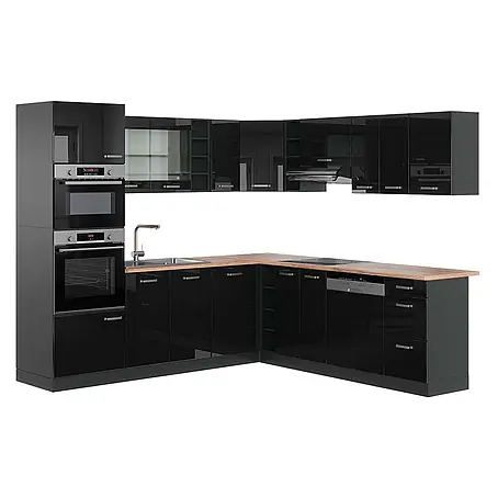 Vicco  Eckküche R-Line Schwarz Hochglanz/Anthrazit, AP Eiche