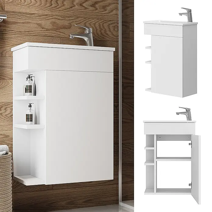 Vicco Badmöbel-Set Amadeo Weiß 2 Teile, mit Waschbecken - Gesamtbreite Badmöbel: 50 cm, Weiß, Matt - Weißer wandhängender Badezimmerschrank mit integriertem Waschbecken, Chromarmatur und offenen Seitenregalen, im modernen Badambiente.