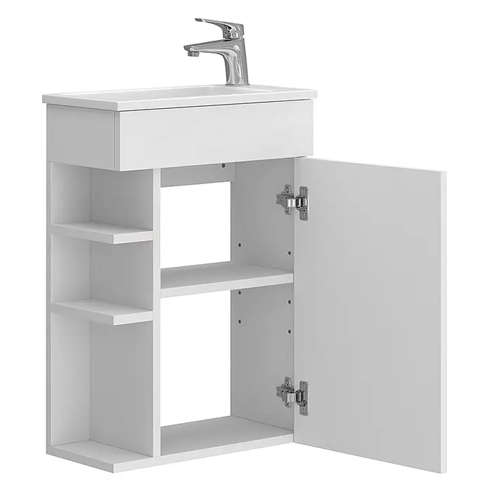 Vicco Badmöbel-Set Amadeo Weiß 2 Teile, mit Waschbecken - Gesamtbreite Badmöbel: 50 cm, Weiß, Matt - Weißer Badunterschrank mit integriertem Waschbecken, Chromarmatur, offener Tür und Seitenregalen.