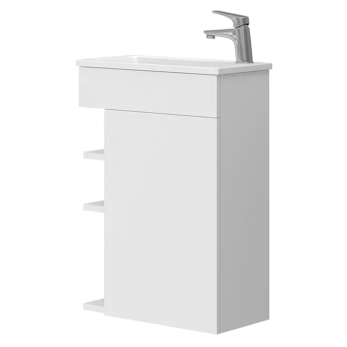 Vicco Badmöbel-Set Amadeo Weiß 2 Teile, mit Waschbecken - Gesamtbreite Badmöbel: 50 cm, Weiß, Matt - Weißer Badschrank mit integriertem Waschbecken, Chromarmatur und offenen Regalen links.