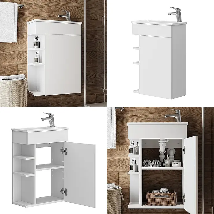 Vicco Badmöbel-Set Amadeo Weiß 2 Teile, mit Waschbecken - Gesamtbreite Badmöbel: 50 cm, Weiß, Matt - Weißer wandmontierter Badwaschtisch mit integriertem Becken, Wasserhahn, offenen Regalen und Schranktür, im Bad gezeigt.