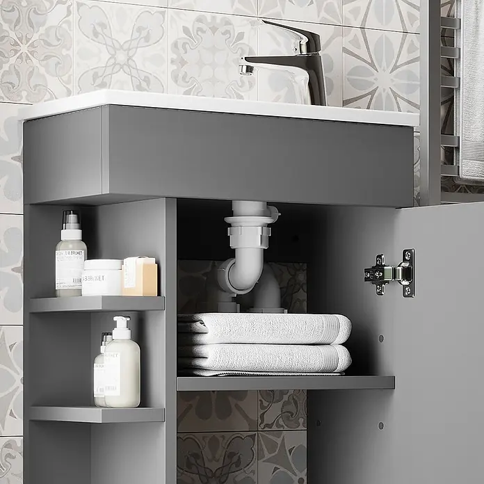 Vicco Badmöbel-Set Amadeo Anthrazit 2 Teile, mit Waschbecken - Anthrazit, Matt - Grauer Badunterschrank mit weißem Waschbecken, offenen Fächern, Schrank und sichtbarer Installation, mit gefalteten Handtüchern.