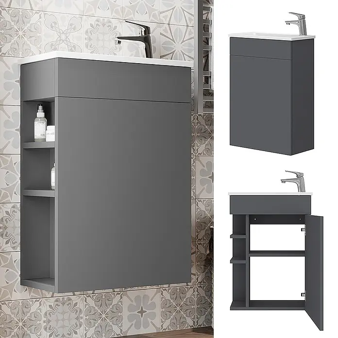 Vicco Badmöbel-Set Amadeo Anthrazit 2 Teile, mit Waschbecken - Anthrazit, Matt - Grauer wandmontierter Badschrank mit integriertem Waschbecken, silbernem Wasserhahn, offenen Regalen und geschlossenem Schrank.