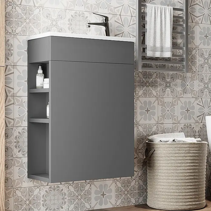 Vicco Badmöbel-Set Amadeo Anthrazit 2 Teile, mit Waschbecken - Anthrazit, Matt - Grauer Waschtischunterschrank mit weißem Waschbecken, schwarzem Wasserhahn und offenen Regalen links, an einer gemusterten Fliesenwand.