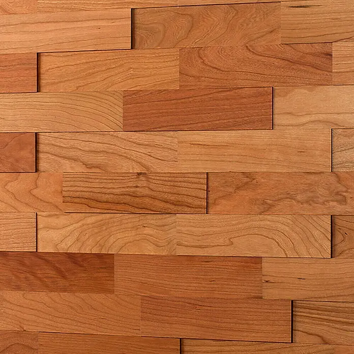 Wodewa Holzriemchen 200 Kirsche - 200 x 50 mm, Stärke: 2 mm - 6 mm, 1 m², UV-geölt - Nahaufnahme einer Wandverkleidung aus Holzpaneelen in verschiedenen warmen Brauntönen und Texturen für ein rustikales Ambiente.