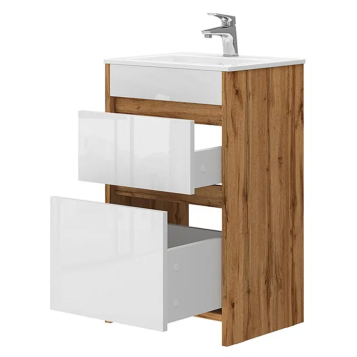 Vicco Badmöbel-Set Detmold Goldkraft Eiche 2 Teile, mit Waschbecken und 2 Schubladen - Gesamtbreite Badmöbel: 48 cm, Goldkraft Eiche, Glänzend - Waschtischunterschrank mit Holzoptik-Seiten, hochglänzenden weißen Schubladen und Armatur. Zwei Schubladen sind geöffnet.