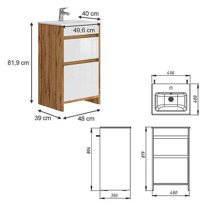 Vicco Badmöbel-Set Detmold Goldkraft Eiche 2 Teile, mit Waschbecken und 2 Schubladen - Gesamtbreite Badmöbel: 48 cm, Goldkraft Eiche, Glänzend - Kompakter Badezimmerschrank mit Holzoptik, weißen Hochglanzfronten, integriertem Keramikwaschbecken und Chromarmatur.