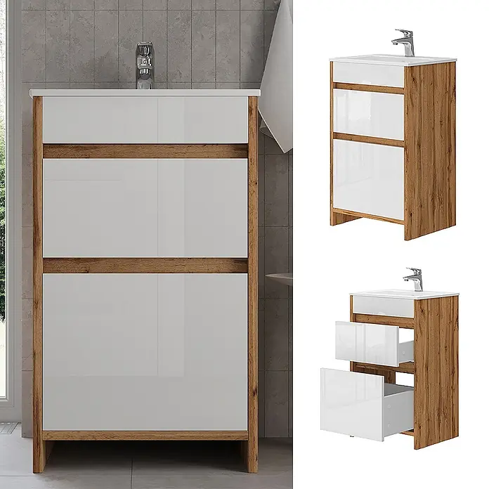 Vicco Badmöbel-Set Detmold Goldkraft Eiche 2 Teile, mit Waschbecken und 2 Schubladen - Gesamtbreite Badmöbel: 48 cm, Goldkraft Eiche, Glänzend - Waschtischunterschrank in Holzoptik mit integriertem weißen Waschbecken und Chromarmatur, mit zwei glänzend weißen Schubladen.