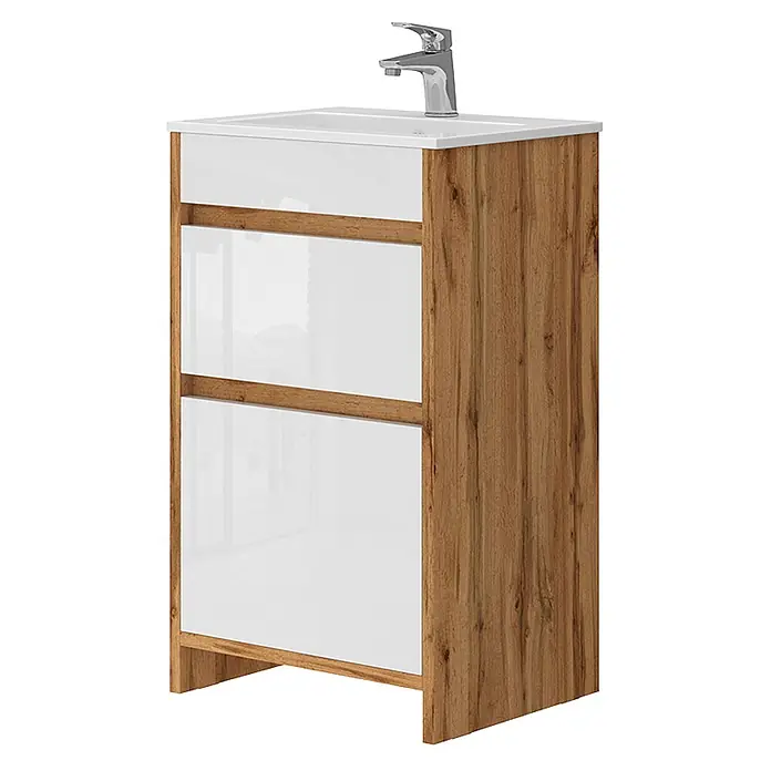 Vicco Badmöbel-Set Detmold Goldkraft Eiche 2 Teile, mit Waschbecken und 2 Schubladen - Gesamtbreite Badmöbel: 48 cm, Goldkraft Eiche, Glänzend - Waschbeckenunterschrank in Holzoptik mit hochglänzenden weißen Fronten, Keramikwaschbecken und Chromarmatur.
