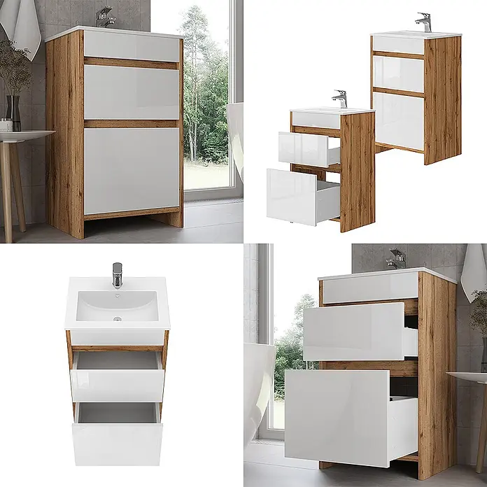Vicco Badmöbel-Set Detmold Goldkraft Eiche 2 Teile, mit Waschbecken und 2 Schubladen - Gesamtbreite Badmöbel: 48 cm, Goldkraft Eiche, Glänzend - Waschtischunterschrank in Holzoptik braun mit weißem Waschbecken und drei weißen Schubladen, teils offen.
