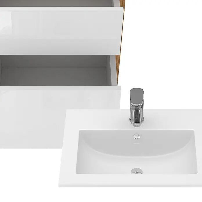 Vicco Badmöbel-Set Detmold Goldkraft Eiche 2 Teile, mit Waschbecken und 2 Schubladen - Gesamtbreite Badmöbel: 48 cm, Goldkraft Eiche, Glänzend - Weißer Hochglanz-Waschtischunterschrank mit zwei offenen Schubladen, integriertem Waschbecken und Chromarmatur.