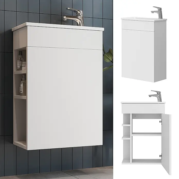 Vicco Badmöbel-Set Amadeo Weiß 2 Teile, mit Waschbecken - Weiß, Matt - Weißer wandmontierter Badezimmer-Waschtisch mit integriertem Waschbecken, Armatur, Schranktür und offenen Regalen links.