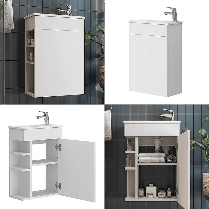 Vicco Badmöbel-Set Amadeo Weiß 2 Teile, mit Waschbecken - Weiß, Matt - Weißer wandmontierter Badezimmerschrank mit integriertem Waschbecken, offenen Regalen und einer Tür.